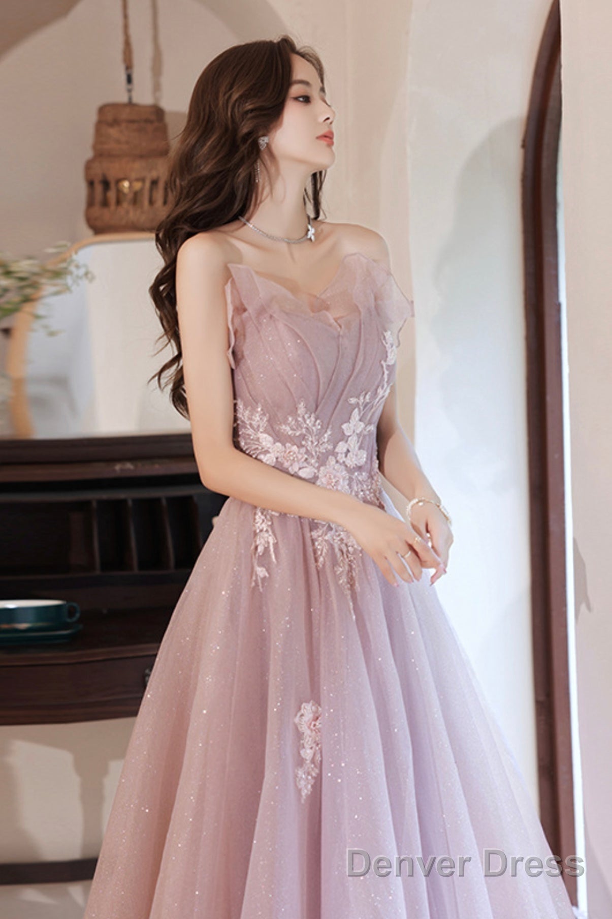 Pink Tulle Lace Long Prom Dresses, A-Line Evening Dresses