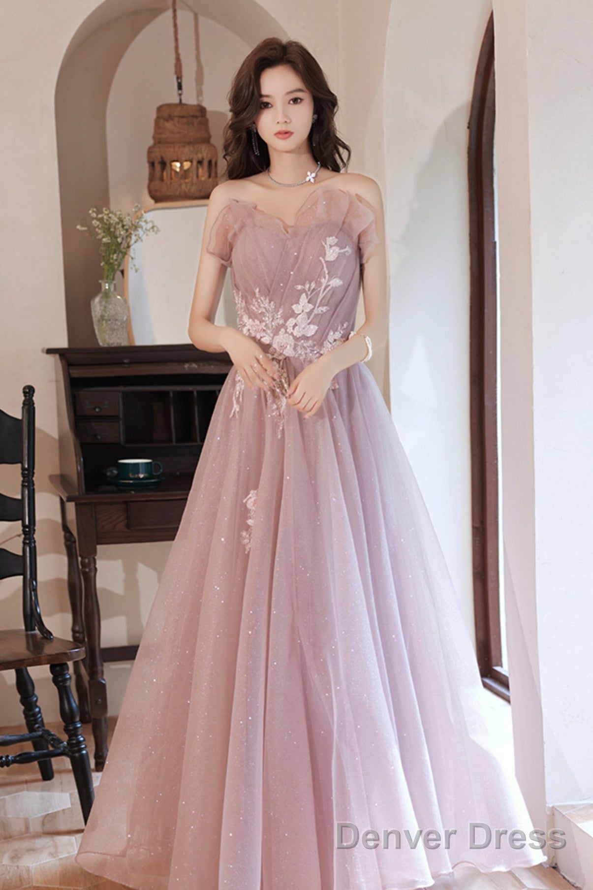 Pink Tulle Lace Long Prom Dresses, A-Line Evening Dresses Main image