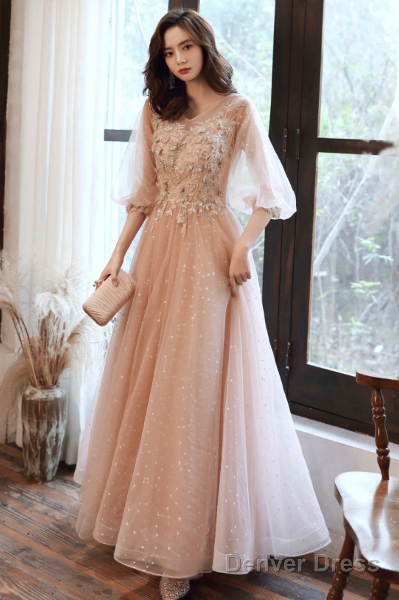 Pink Tulle Lace Long Prom Dresses, A-Line Long Sleeve Evening Dresses