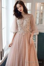 Pink Tulle Lace Long Prom Dresses, A-Line Long Sleeve Evening Dresses