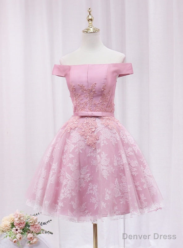 Pink Tulle Lace Off the Shoulder Appliques Homecoming Dresses