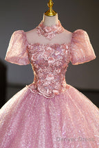 Pink Tulle Lace Princess Dress, Beautiful A-Line Prom Dress Sweet 16 Dresses