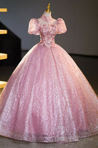 Pink Tulle Lace Princess Dress, Beautiful A-Line Prom Dress Sweet 16 Dresses