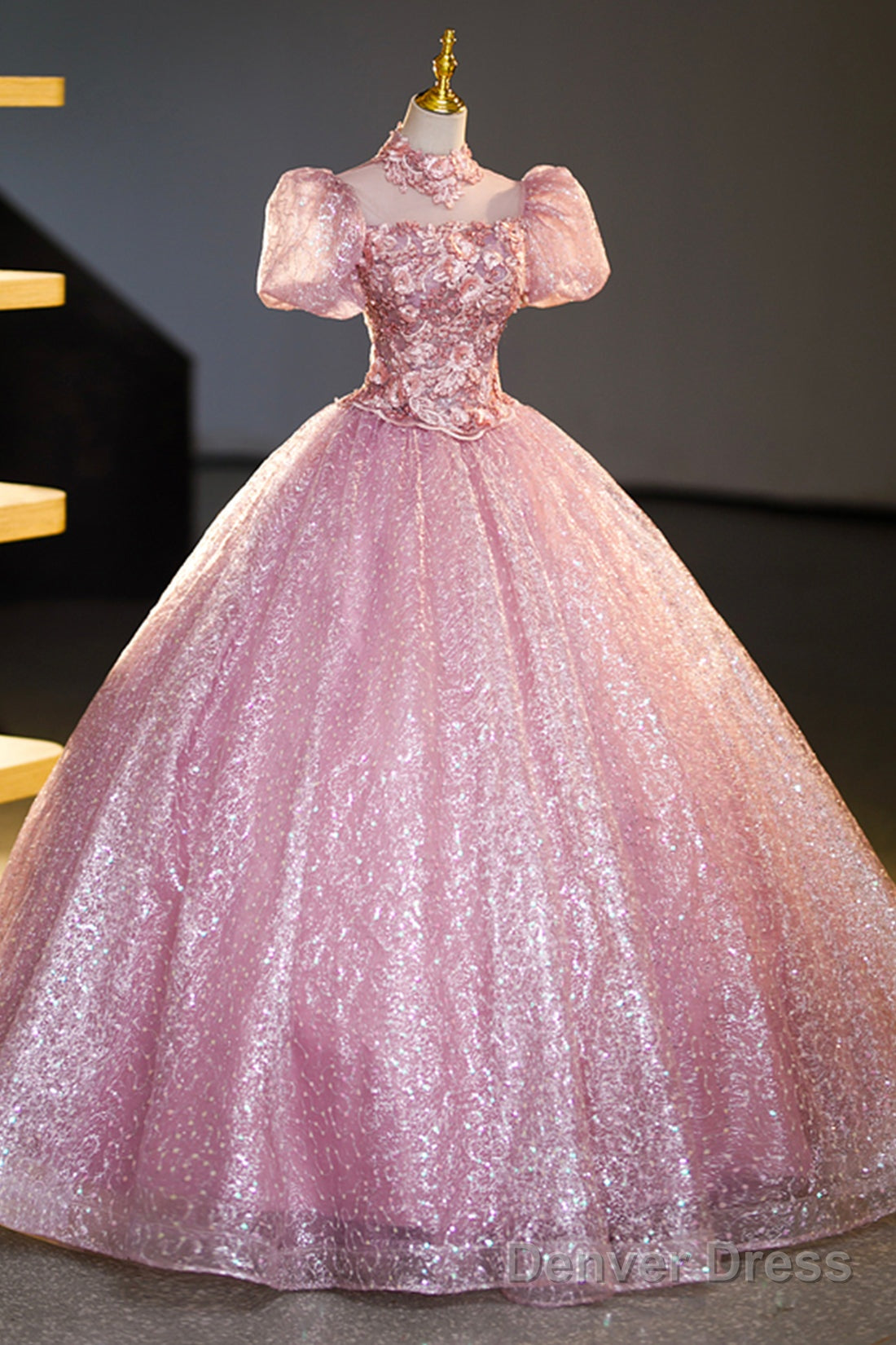 Pink Tulle Lace Princess Dress, Beautiful A-Line Prom Dress Sweet 16 Dresses