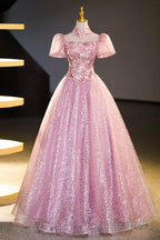 Pink Tulle Lace Princess Dress, Beautiful A-Line Prom Dress Sweet 16 Dresses