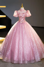 Pink Tulle Lace Princess Dress, Beautiful A-Line Prom Dress Sweet 16 Dresses