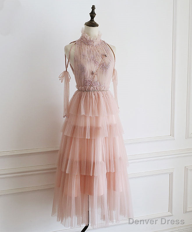 Pink Tulle Lace Prom Dress, Tulle Lace Homecoming Dress Main image