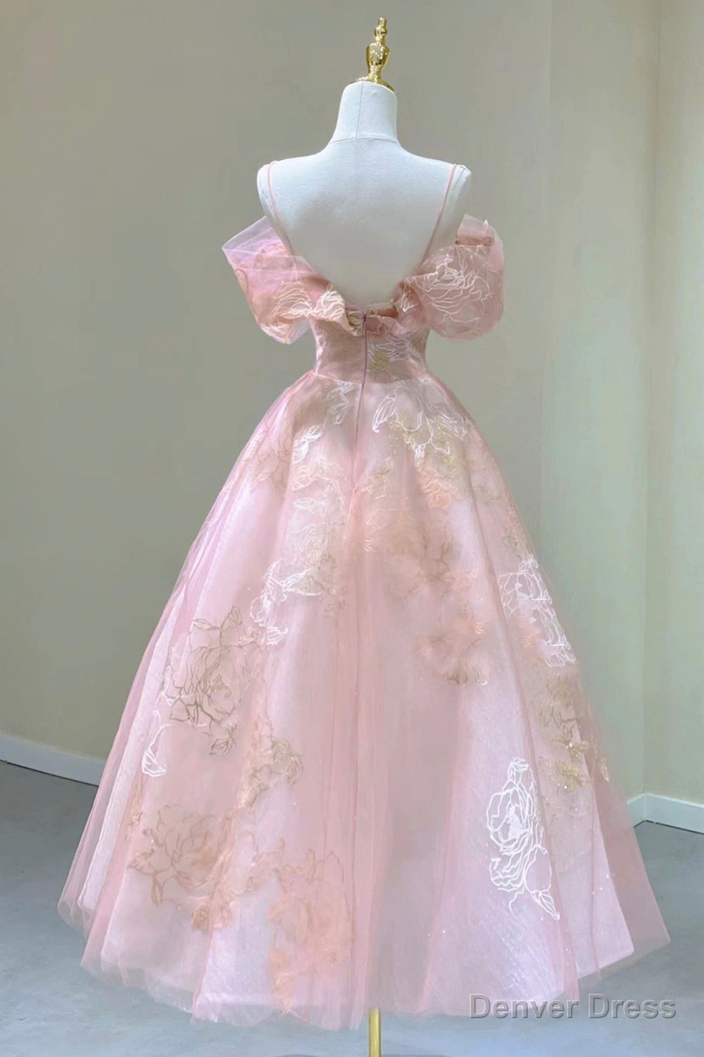 Pink Tulle Lace Short A Line Prom Dress, Cute Off the Shoulder Prom Dresses