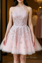 Pink tulle lace short prom Dress, pink tulle lace homecoming Dresses