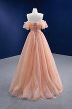 Pink Tulle Lace Strapless Prom Dress, Pink A Line Prom Dresses
