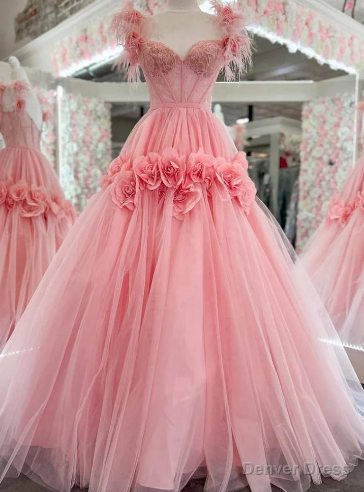 Pink Tulle Lace Straps Feather Prom Dresses Main image