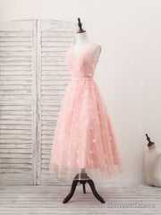 Pink Tulle Lace Tea Length Prom Dress, Pink Homecoming Dress