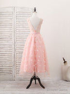 Pink Tulle Lace Tea Length Prom Dress, Pink Homecoming Dress