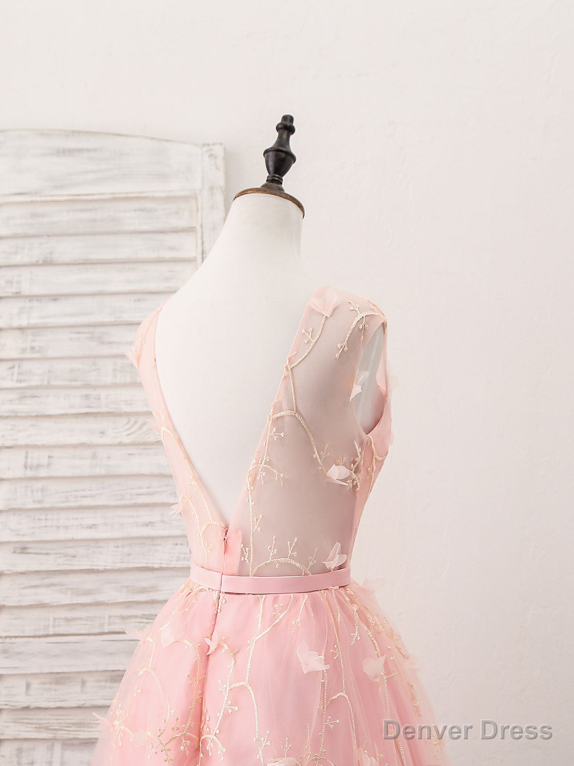 Pink Tulle Lace Tea Length Prom Dress, Pink Homecoming Dresses