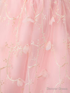 Pink Tulle Lace Tea Length Prom Dress, Pink Homecoming Dress