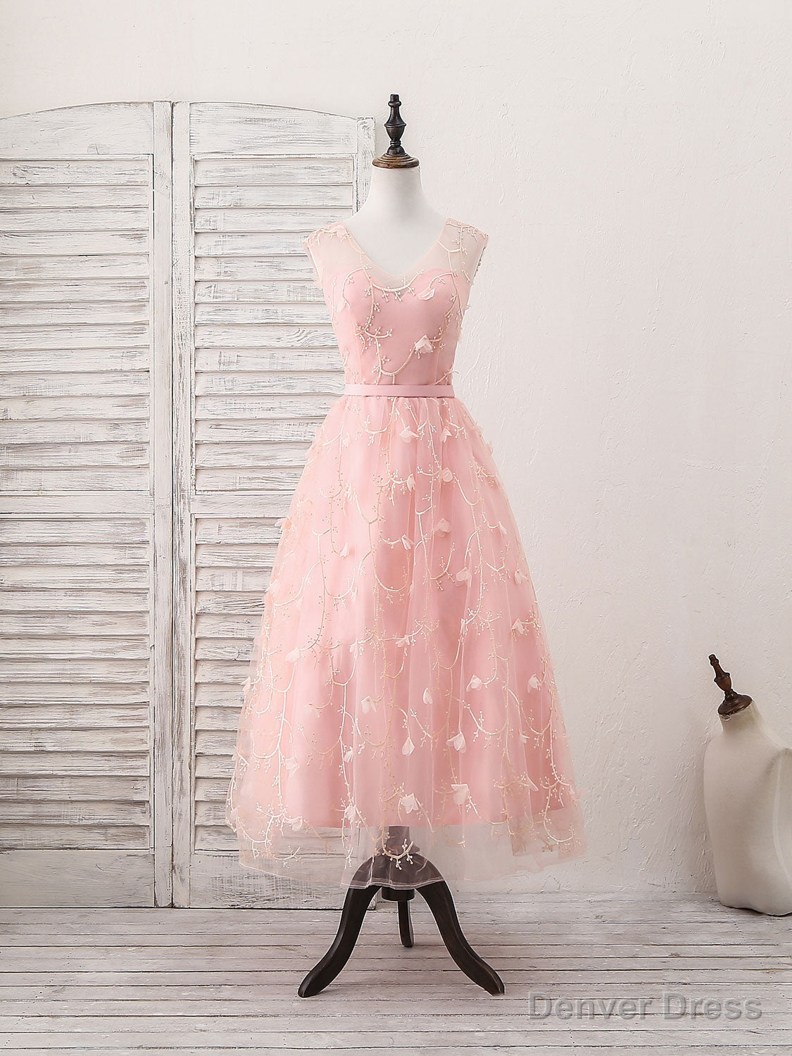 Pink Tulle Lace Tea Length Prom Dress, Pink Homecoming Dress Secondary image