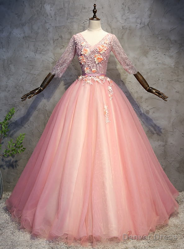 Pink Tulle Lace V Neck Short Sleeve Appliques Quinceanera Dresses