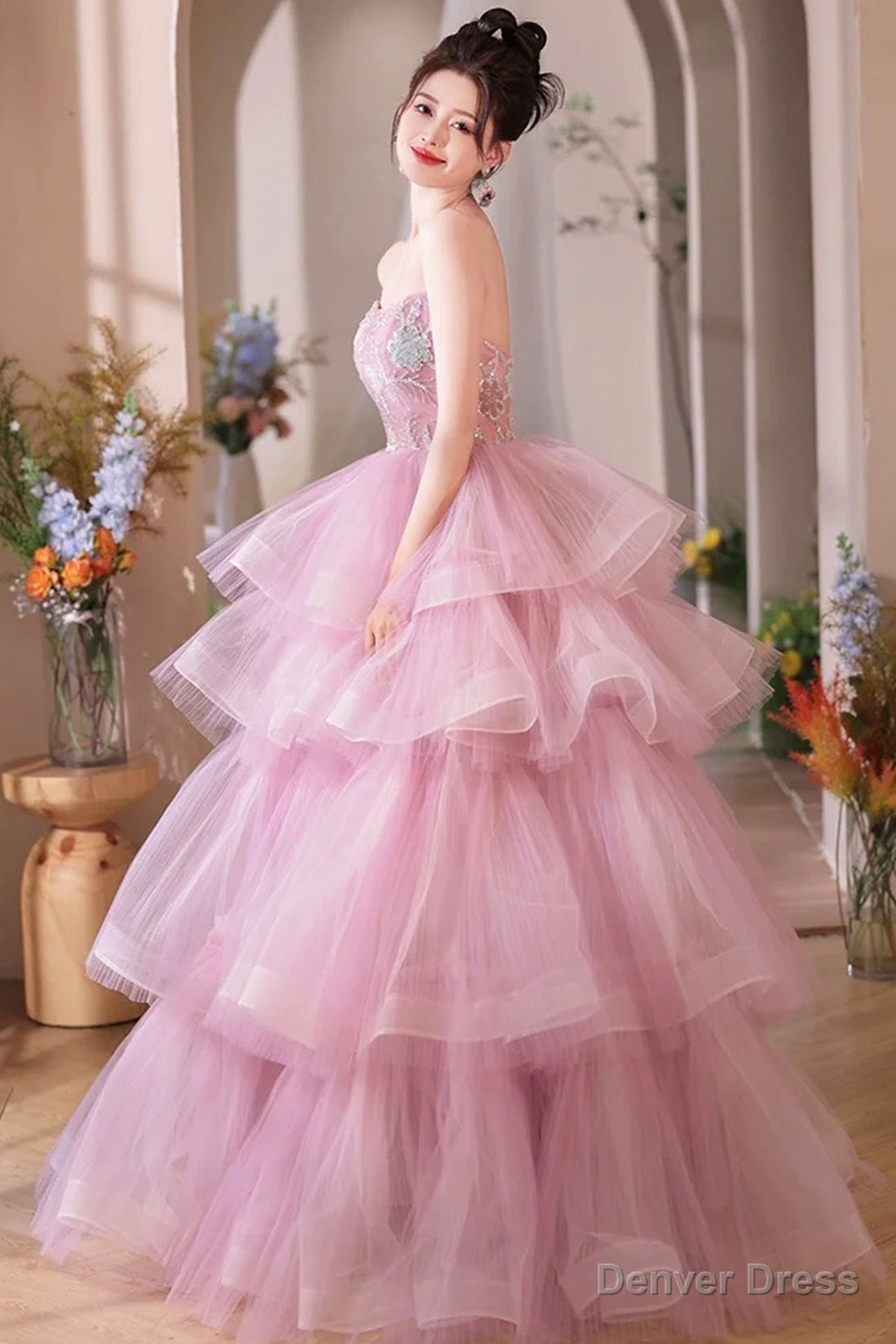 Pink Tulle Layers Long A Line Prom Dresses, Pink Sweetheart Neckline Prom Gowns Secondary image