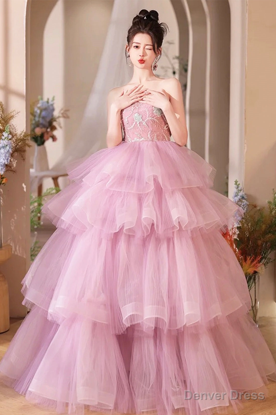 Pink Tulle Layers Long A Line Prom Dresses, Pink Sweetheart Neckline Prom Gowns