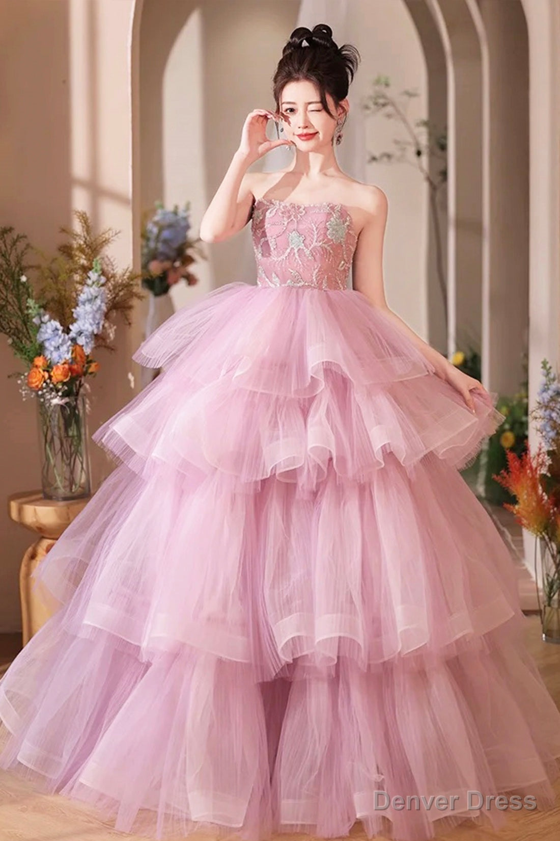 Pink Tulle Layers Long A Line Prom Dresses, Pink Sweetheart Neckline Prom Gowns Main image
