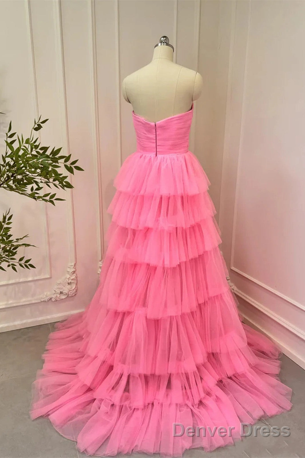Pink Tulle  Layers Long Prom Dress, Strapless Pink Tulle Evening Dress Formal Dress