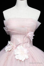 Pink Tulle Long A Line Ball Gowns, Pink Strapless Princess Sweet 16 Dresses