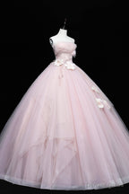 Pink Tulle Long A Line Ball Gowns, Pink Strapless Princess Sweet 16 Dresses