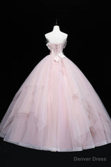 Pink Tulle Long A-Line Ball Gown, Pink Strapless Princess Sweet 16 Dress