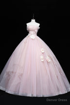 Pink Tulle Long A Line Ball Gowns, Pink Strapless Princess Sweet 16 Dresses