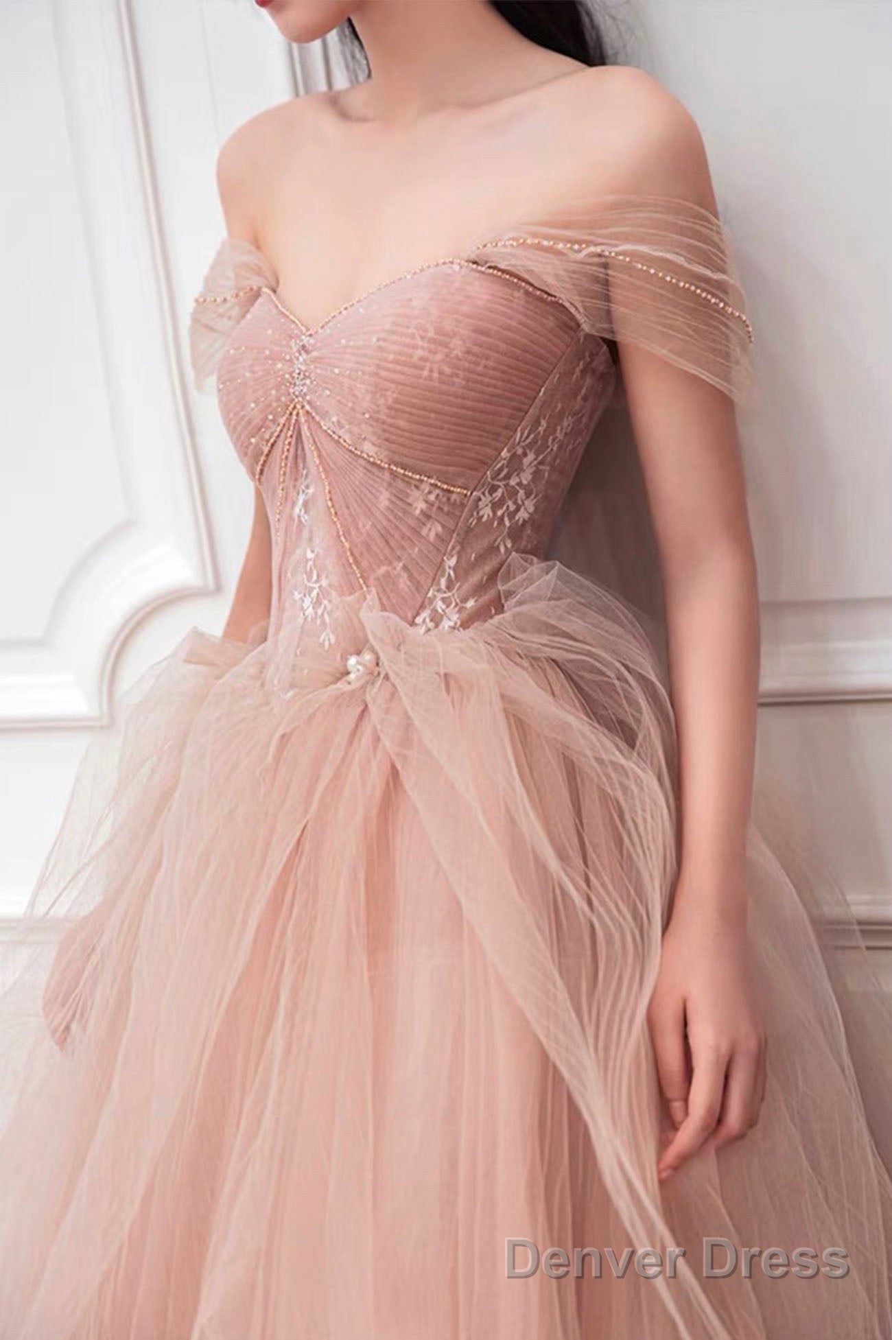 Pink Tulle Long A-Line Prom Dress, Cute Off The Shoulder Graduation Dress Secondary image