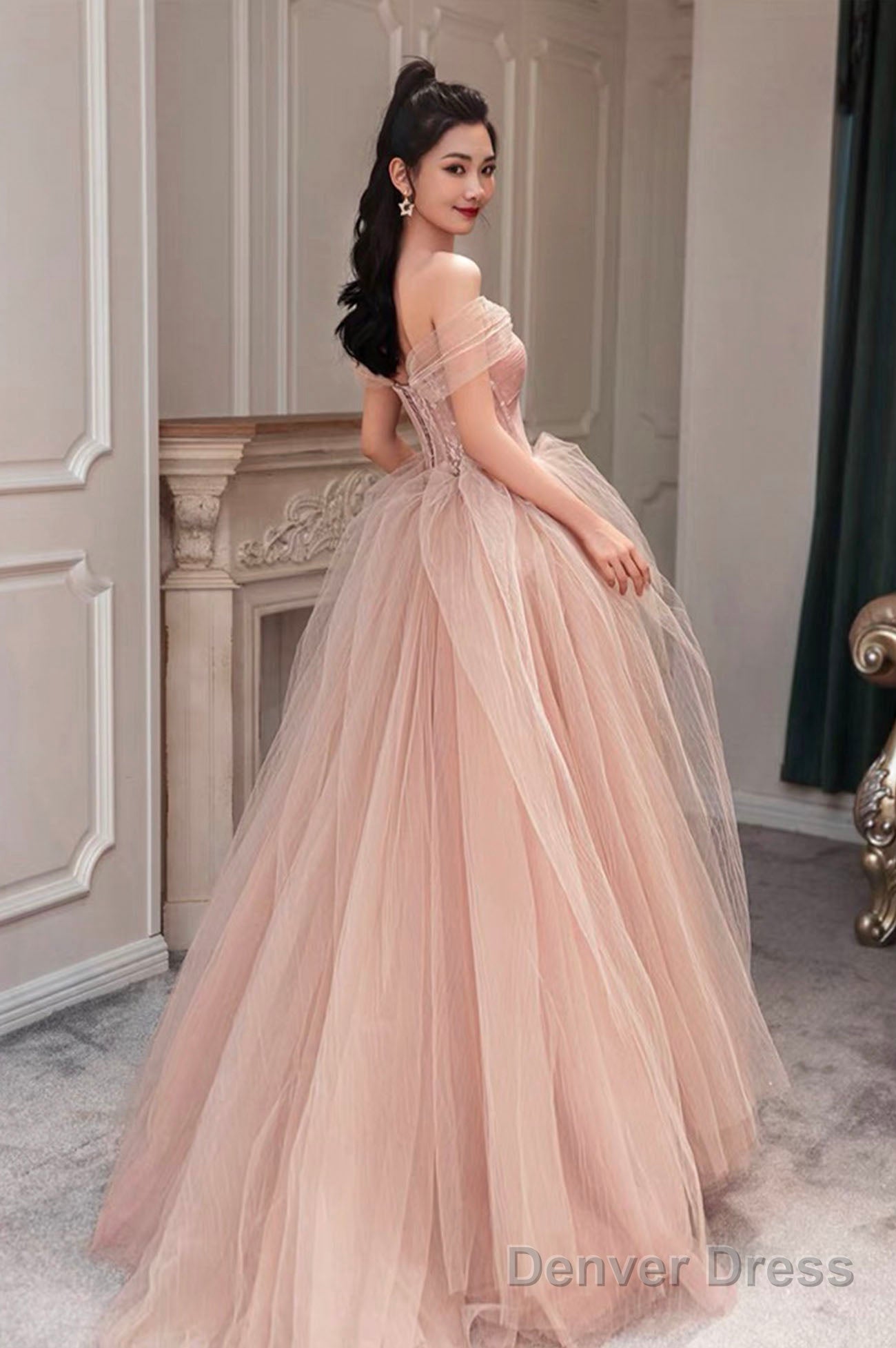 Pink Tulle Long A-Line Prom Dress, Cute Off The Shoulder Graduation Dress