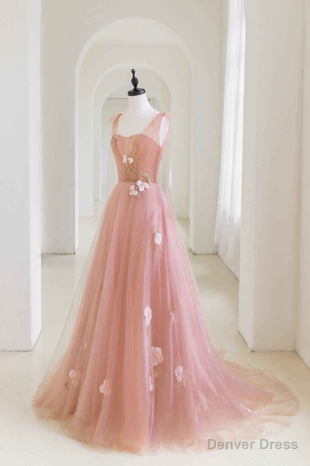 Pink Tulle Long A-Line Prom Dress, Lovely Pink Evening Graduation Dress Main image