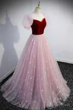 Pink Tulle Long A Line Prom Dress, Lovely Short Sleeve Prom Dresses