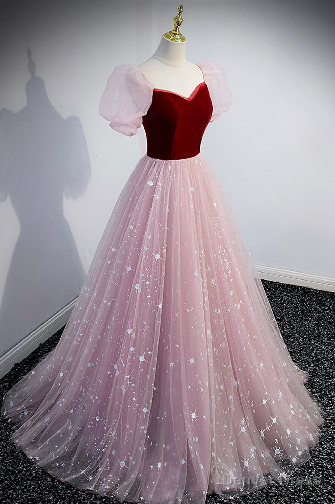 Pink Tulle Long A Line Prom Dress, Lovely Short Sleeve Prom Dresses