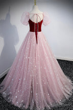 Pink Tulle Long A Line Prom Dress, Lovely Short Sleeve Prom Dresses
