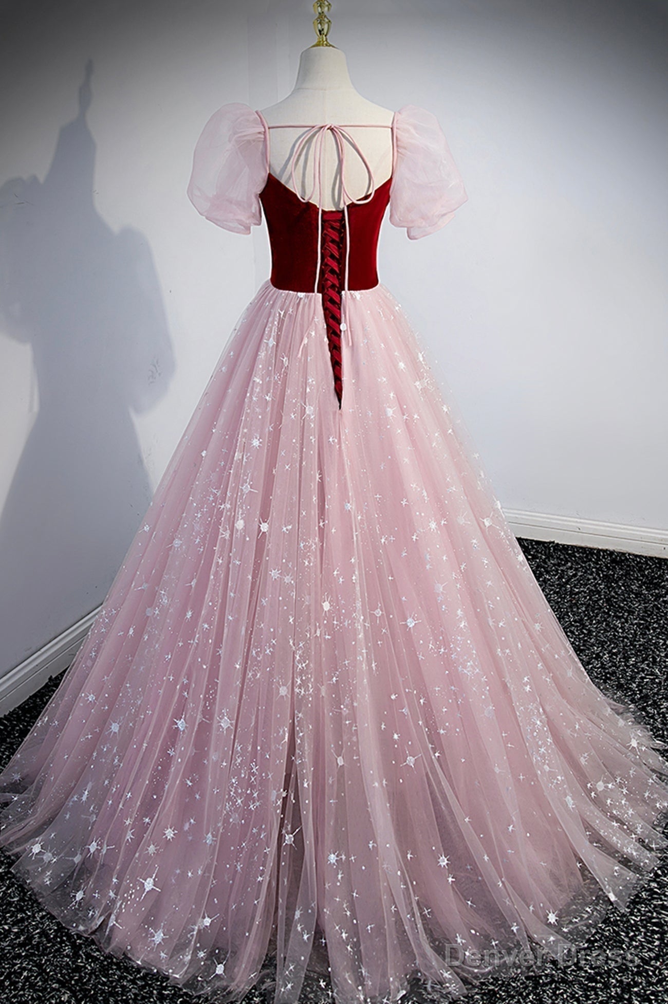 Pink Tulle Long A Line Prom Dress, Lovely Short Sleeve Prom Dresses
