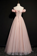 Pink Tulle Long A Line Prom Dresses Pink Evening Dresses