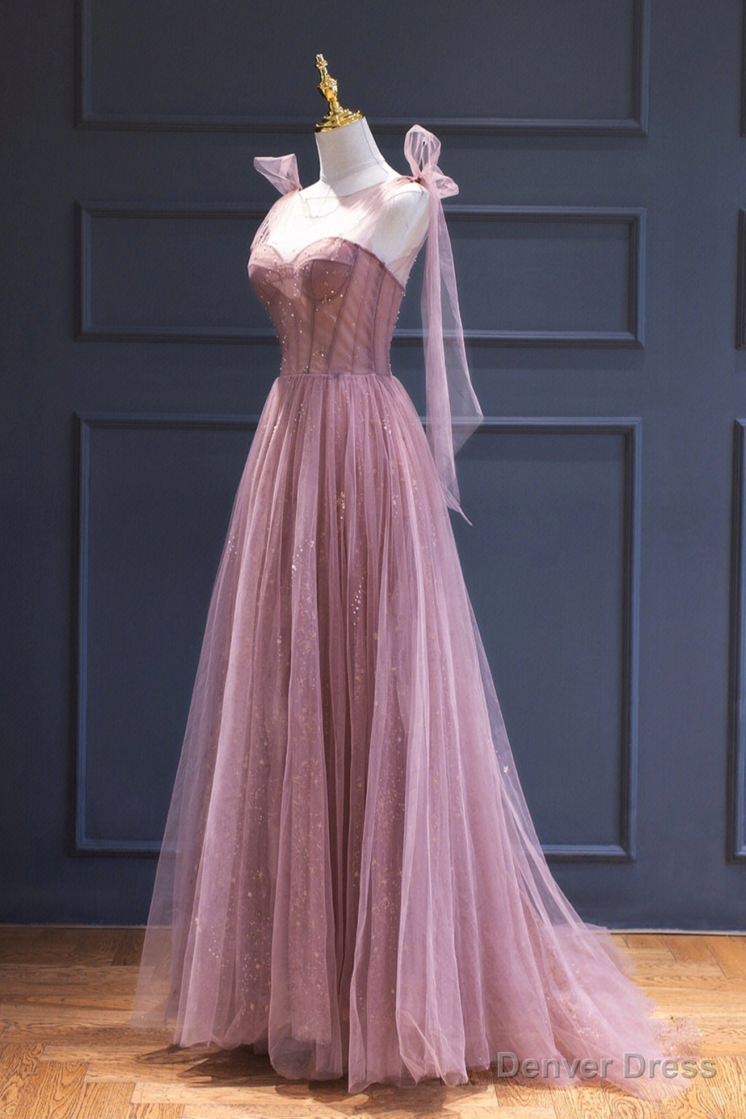 Pink Tulle Long A Line Prom Dress, Pink Prom Dresses with Corset