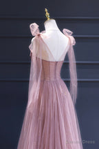 Pink Tulle Long A Line Prom Dress, Pink Prom Dresses with Corset