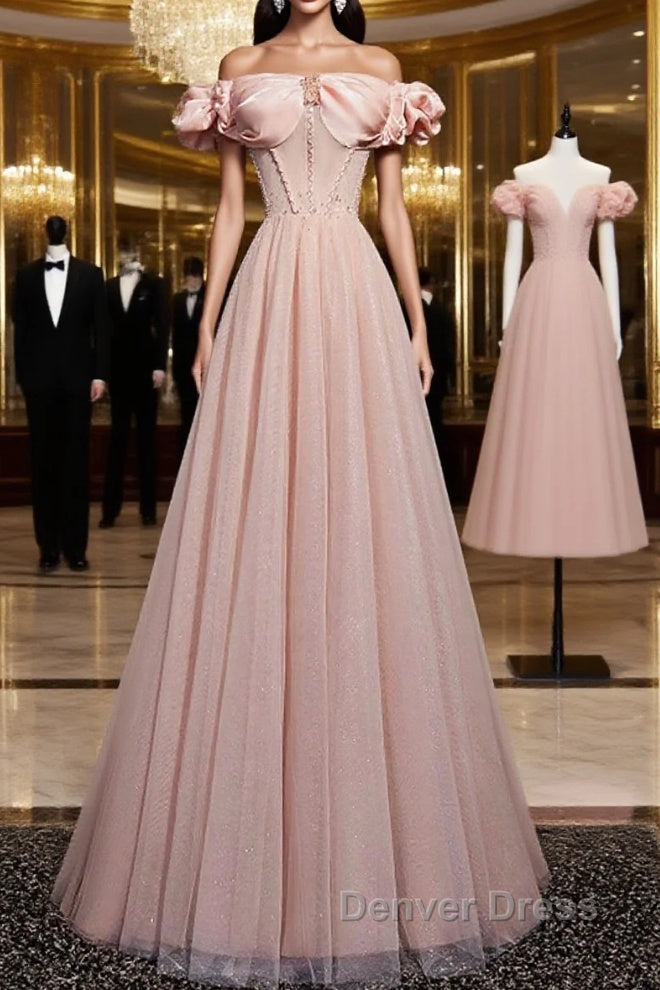 Pink Tulle Long A Line Prom Dresses Pink Evening Dresses Main image