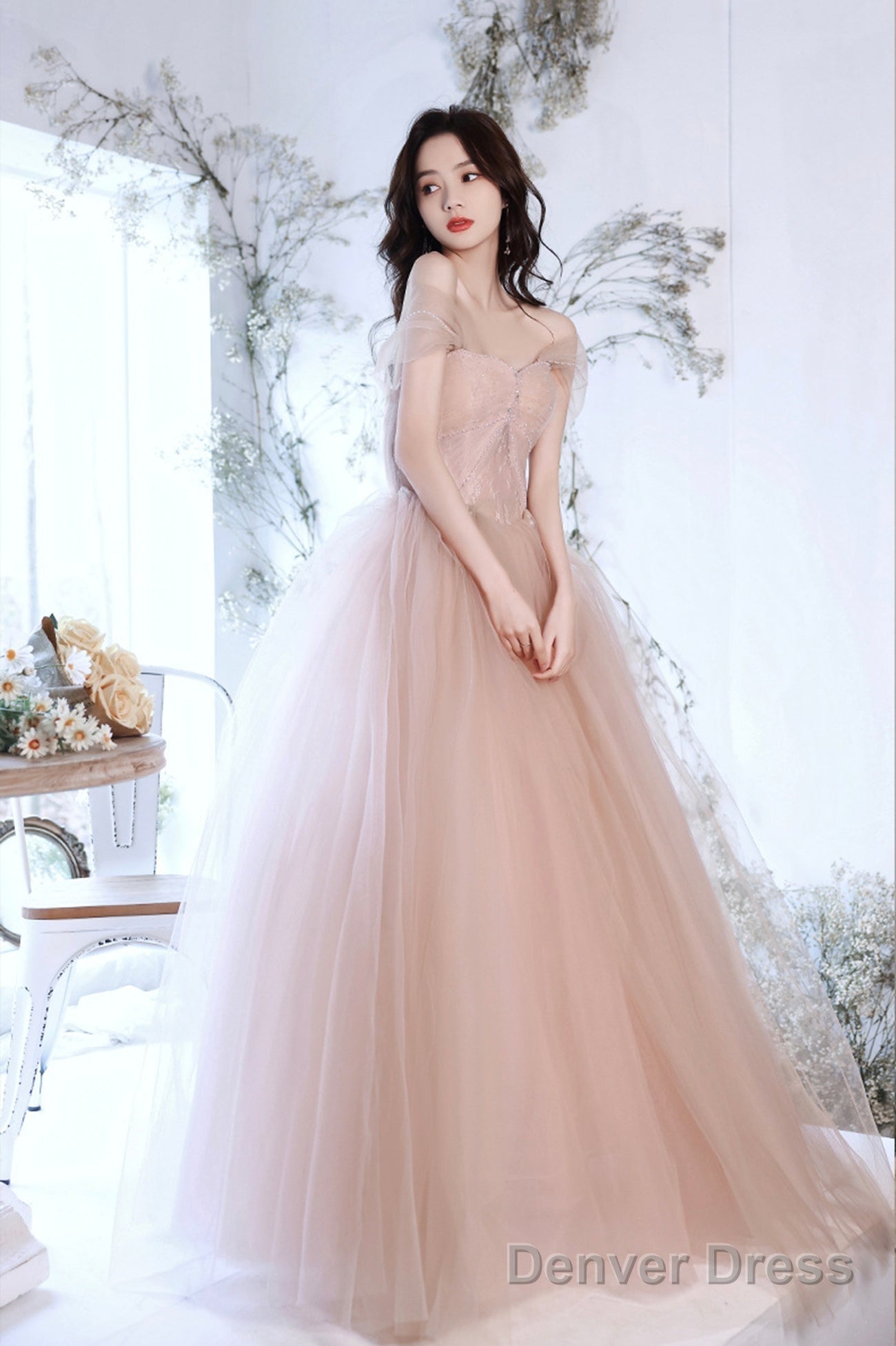 Pink Tulle Long A-Line Prom Dress, Pink Off The Shoulder Evening Party Dress