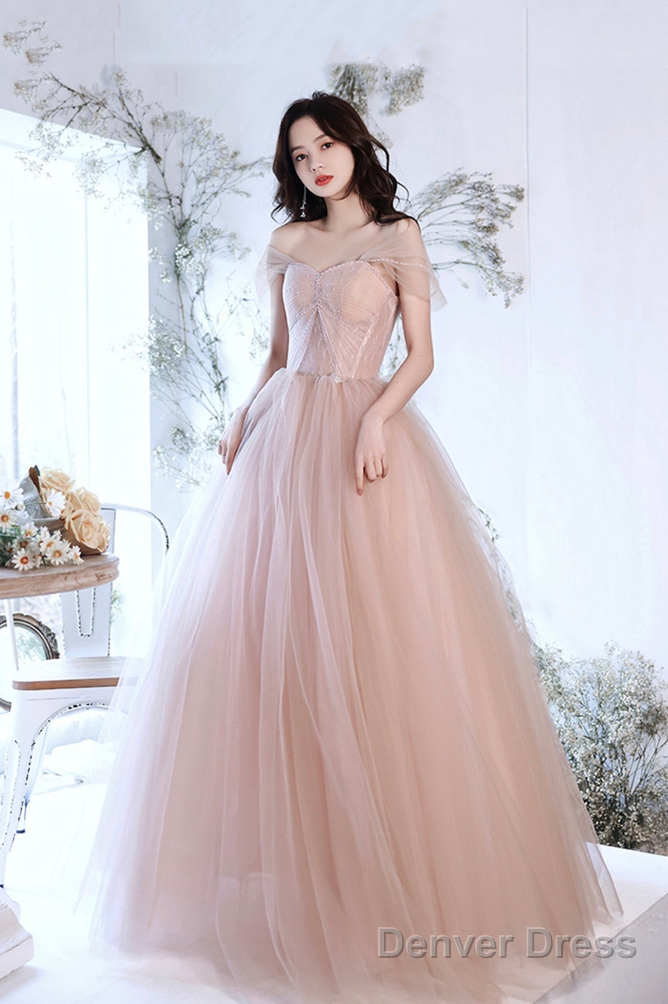 Pink Tulle Long A-Line Prom Dress, Pink Off The Shoulder Evening Party Dress Main image