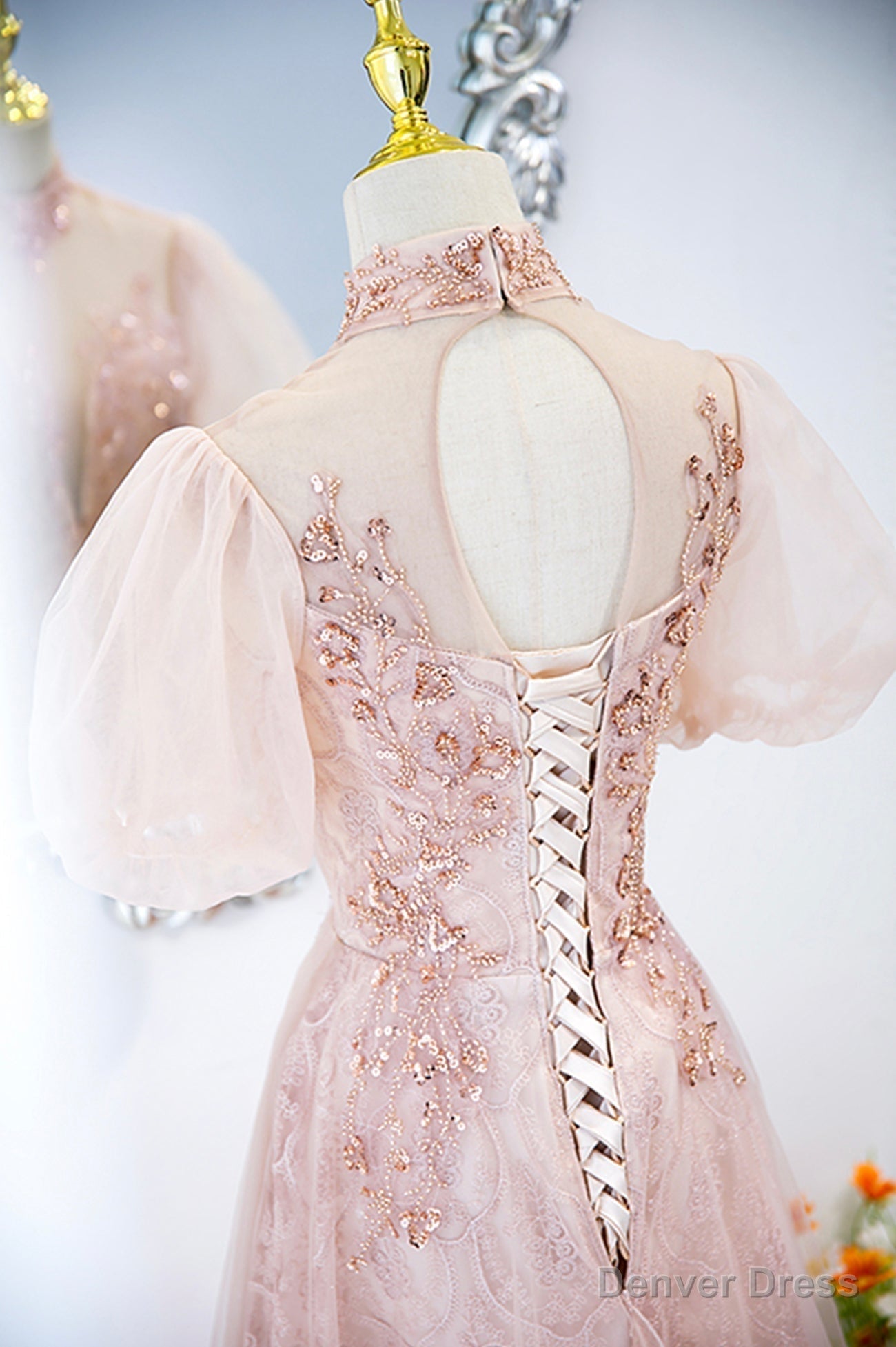 Pink Tulle Long A-Line Prom Dress, Pink Short Sleeve Evening Party Dress