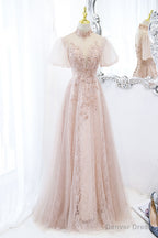Pink Tulle Long A Line Prom Dress, Pink Short Sleeve Prom Dresses