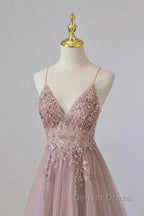 Pink Tulle Long A-Line Prom Dresses, Pink Spaghetti Formal Dresses With Beaded