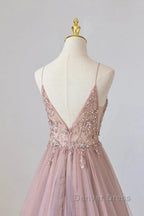 Pink Tulle Long A-Line Prom Dresses, Pink Spaghetti Formal Dresses With Beaded
