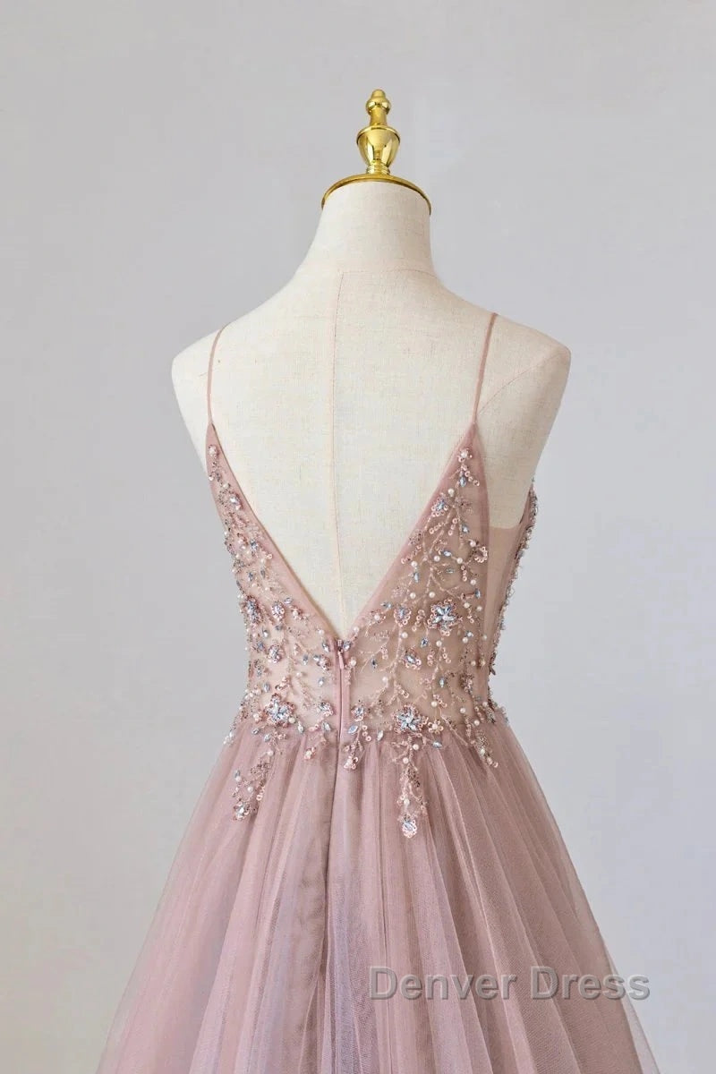 Pink Tulle Long A-Line Prom Dresses, Pink Spaghetti Formal Dresses With Beaded