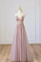 Pink Tulle Long A-Line Prom Dresses, Pink Spaghetti Formal Dresses With Beaded