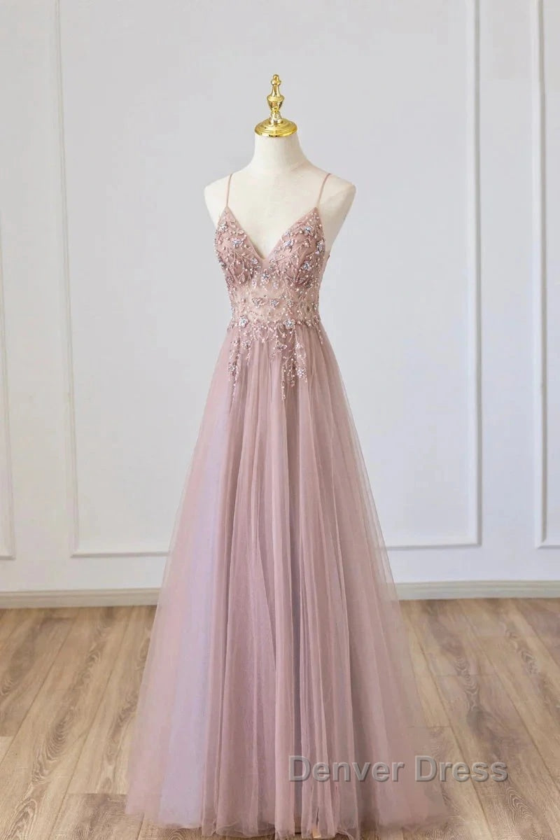 Pink Tulle Long A-Line Prom Dresses, Pink Spaghetti Formal Dresses With Beaded