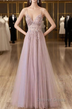 Pink Tulle Long A-Line Prom Dresses, Pink Spaghetti Formal Dresses With Beaded